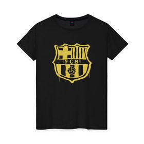 Женская футболка хлопок с принтом FC Barcelona - Yellow Paint (Оригинальный стиль,рисунок краской) в Кировске, 100% хлопок | прямой крой, круглый вырез горловины, длина до линии бедер, слегка спущенное плечо | barca | barcelona | fcb | барселона | футбол