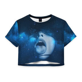 Женская футболка 3D укороченная с принтом Космический рот в Кировске, 100% полиэстер | круглая горловина, длина футболки до линии талии, рукава с отворотами | губы | девушка | женщина | звезды | зубы | космос | синий | туманность | черная дыра