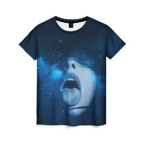 Женская футболка 3D с принтом Космический рот в Кировске, 100% полиэфир ( синтетическое хлопкоподобное полотно) | прямой крой, круглый вырез горловины, длина до линии бедер | губы | девушка | женщина | звезды | зубы | космос | синий | туманность | черная дыра