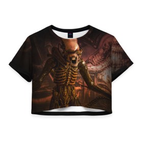 Женская футболка 3D укороченная с принтом Alien в Кировске, 100% полиэстер | круглая горловина, длина футболки до линии талии, рукава с отворотами | alien | блокбастер. монстр | боевик | кино | кинофильм | скелет | чужой