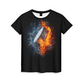 Женская футболка 3D с принтом Шайба - огонь и вода в Кировске, 100% полиэфир ( синтетическое хлопкоподобное полотно) | прямой крой, круглый вырез горловины, длина до линии бедер | вода | лед | огонь | пламя | россия | спорт | хоккей | шайба