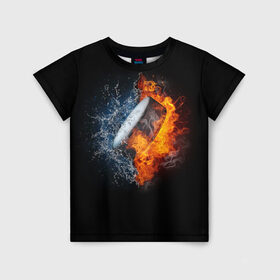 Детская футболка 3D с принтом Шайба - огонь и вода в Кировске, 100% гипоаллергенный полиэфир | прямой крой, круглый вырез горловины, длина до линии бедер, чуть спущенное плечо, ткань немного тянется | вода | лед | огонь | пламя | россия | спорт | хоккей | шайба