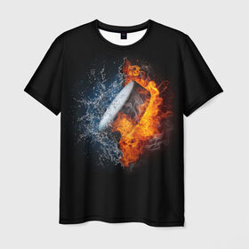 Мужская футболка 3D с принтом Шайба - огонь и вода в Кировске, 100% полиэфир | прямой крой, круглый вырез горловины, длина до линии бедер | вода | лед | огонь | пламя | россия | спорт | хоккей | шайба