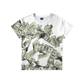Детская футболка 3D с принтом Денежный ветер в Кировске, 100% гипоаллергенный полиэфир | прямой крой, круглый вырез горловины, длина до линии бедер, чуть спущенное плечо, ткань немного тянется | Тематика изображения на принте: баксы | банкноты | деньги | доллары | купюры