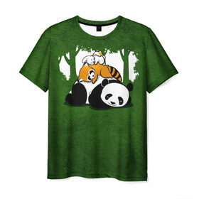 Мужская футболка 3D с принтом Милая панда в Кировске, 100% полиэфир | прямой крой, круглый вырез горловины, длина до линии бедер | большая | джунгли | енот | зайка | милая | панда | пушистая