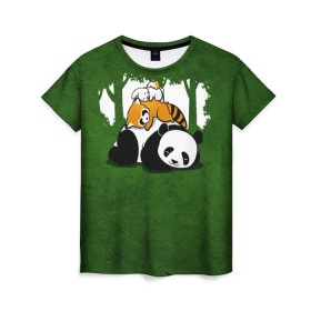 Женская футболка 3D с принтом Милая панда в Кировске, 100% полиэфир ( синтетическое хлопкоподобное полотно) | прямой крой, круглый вырез горловины, длина до линии бедер | большая | джунгли | енот | зайка | милая | панда | пушистая