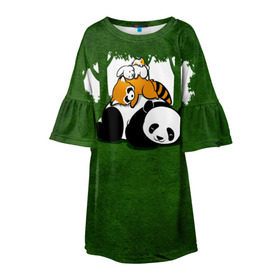 Детское платье 3D с принтом Милая панда в Кировске, 100% полиэстер | прямой силуэт, чуть расширенный к низу. Круглая горловина, на рукавах — воланы | Тематика изображения на принте: большая | джунгли | енот | зайка | милая | панда | пушистая