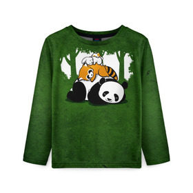 Детский лонгслив 3D с принтом Милая панда в Кировске, 100% полиэстер | длинные рукава, круглый вырез горловины, полуприлегающий силуэт
 | Тематика изображения на принте: большая | джунгли | енот | зайка | милая | панда | пушистая