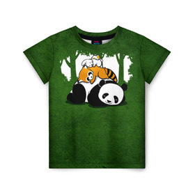 Детская футболка 3D с принтом Милая панда в Кировске, 100% гипоаллергенный полиэфир | прямой крой, круглый вырез горловины, длина до линии бедер, чуть спущенное плечо, ткань немного тянется | Тематика изображения на принте: большая | джунгли | енот | зайка | милая | панда | пушистая