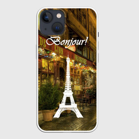 Чехол для iPhone 13 с принтом Bonjour в Кировске,  |  | bonjour | cafes | eiffel tower | lights | night | paris street | shop windows | shops | the city | витрины | город | кафе | магазины | ночь | огни | париж | привет | улица | эйфелева башня