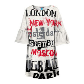 Детское платье 3D с принтом Текстовой арт в Кировске, 100% полиэстер | прямой силуэт, чуть расширенный к низу. Круглая горловина, на рукавах — воланы | amsterdam | istanbul | london | moscow | new york | paris | urban | амстердам | лондон | москва | нью йорк | париж | стамбул