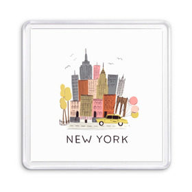 Магнит 55*55 с принтом Нью-Йорк в Кировске, Пластик | Размер: 65*65 мм; Размер печати: 55*55 мм | new york | воздушные шары | город | деревья | рисунок | такси