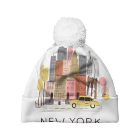 Шапка 3D c помпоном с принтом Нью-Йорк в Кировске, 100% полиэстер | универсальный размер, печать по всей поверхности изделия | new york | воздушные шары | город | деревья | рисунок | такси