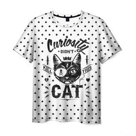 Мужская футболка 3D с принтом Curiosity Cat в Кировске, 100% полиэфир | прямой крой, круглый вырез горловины, длина до линии бедер | animal | beast | cat | feline | gangsta | kill | king | kitty | meow | nature | гангстер | животное | зверь | король | кот | котенок | котик | кошка | мяу | природа