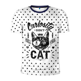 Мужская футболка 3D спортивная с принтом Curiosity Cat в Кировске, 100% полиэстер с улучшенными характеристиками | приталенный силуэт, круглая горловина, широкие плечи, сужается к линии бедра | Тематика изображения на принте: animal | beast | cat | feline | gangsta | kill | king | kitty | meow | nature | гангстер | животное | зверь | король | кот | котенок | котик | кошка | мяу | природа