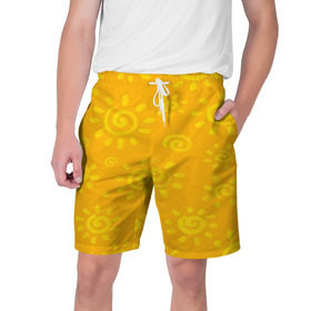 Мужские шорты 3D с принтом Солнышко в Кировске,  полиэстер 100% | прямой крой, два кармана без застежек по бокам. Мягкая трикотажная резинка на поясе, внутри которой широкие завязки. Длина чуть выше колен | желтый | паттерн | солнце | яркий