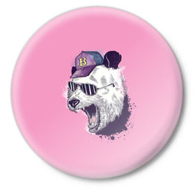 Значок с принтом Панда в бейсболке в Кировске,  металл | круглая форма, металлическая застежка в виде булавки | Тематика изображения на принте: бейсболка | минимализм | очки | панда