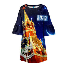 Детское платье 3D с принтом Москва в Кировске, 100% полиэстер | прямой силуэт, чуть расширенный к низу. Круглая горловина, на рукавах — воланы | Тематика изображения на принте: кремль | небо | ночь