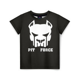 Детская футболка 3D с принтом Pit Force в Кировске, 100% гипоаллергенный полиэфир | прямой крой, круглый вырез горловины, длина до линии бедер, чуть спущенное плечо, ткань немного тянется | pit force | белый | боец | друг человека | животные | питбуль | порода | собака | цвет | чёрный