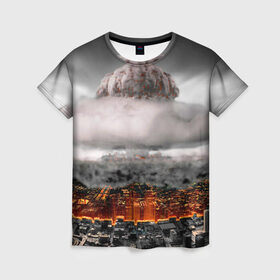 Женская футболка 3D с принтом Атомный взрыв в Кировске, 100% полиэфир ( синтетическое хлопкоподобное полотно) | прямой крой, круглый вырез горловины, длина до линии бедер | city | earth | explosion | heaven | mushroom | nuclear | атомный | взрыв | город | гриб | земля | небо