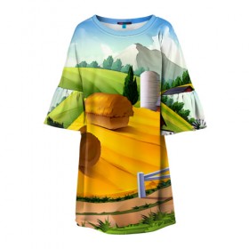 Детское платье 3D с принтом Ферма в Кировске, 100% полиэстер | прямой силуэт, чуть расширенный к низу. Круглая горловина, на рукавах — воланы | пейзаж | яркий