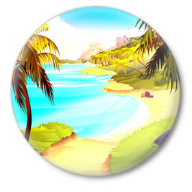 Значок с принтом Тропический остров в Кировске,  металл | круглая форма, металлическая застежка в виде булавки | Тематика изображения на принте: jungle | деревья | джунгли | зелень | кусты | лес | лодки | мох | океан | пальмы | пляж | тропики | экзотика