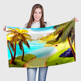 Флаг 3D с принтом Тропический остров в Кировске, 100% полиэстер | плотность ткани — 95 г/м2, размер — 67 х 109 см. Принт наносится с одной стороны | jungle | деревья | джунгли | зелень | кусты | лес | лодки | мох | океан | пальмы | пляж | тропики | экзотика