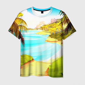 Мужская футболка 3D с принтом Тропический остров в Кировске, 100% полиэфир | прямой крой, круглый вырез горловины, длина до линии бедер | Тематика изображения на принте: jungle | деревья | джунгли | зелень | кусты | лес | лодки | мох | океан | пальмы | пляж | тропики | экзотика