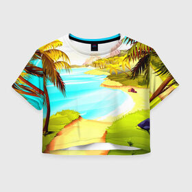 Женская футболка 3D укороченная с принтом Тропический остров в Кировске, 100% полиэстер | круглая горловина, длина футболки до линии талии, рукава с отворотами | jungle | деревья | джунгли | зелень | кусты | лес | лодки | мох | океан | пальмы | пляж | тропики | экзотика
