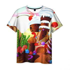 Мужская футболка 3D с принтом Candy Town в Кировске, 100% полиэфир | прямой крой, круглый вырез горловины, длина до линии бедер | Тематика изображения на принте: конфеты | пирожные | сладости | яркий