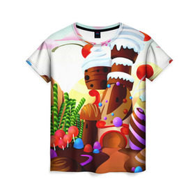 Женская футболка 3D с принтом Candy Town в Кировске, 100% полиэфир ( синтетическое хлопкоподобное полотно) | прямой крой, круглый вырез горловины, длина до линии бедер | конфеты | пирожные | сладости | яркий