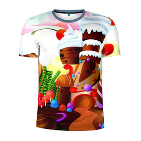 Мужская футболка 3D спортивная с принтом Candy Town в Кировске, 100% полиэстер с улучшенными характеристиками | приталенный силуэт, круглая горловина, широкие плечи, сужается к линии бедра | Тематика изображения на принте: конфеты | пирожные | сладости | яркий