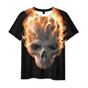 Мужская футболка 3D с принтом Череп в огне в Кировске, 100% полиэфир | прямой крой, круглый вырез горловины, длина до линии бедер | background | black | death | fire | flame | skeleton | skull | огонь | пламя | скелет | фон | череп | черный