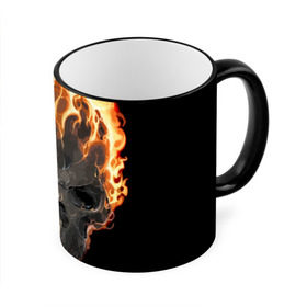Кружка 3D с принтом Череп в огне в Кировске, керамика | ёмкость 330 мл | background | black | death | fire | flame | skeleton | skull | огонь | пламя | скелет | фон | череп | черный
