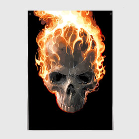 Постер с принтом Череп в огне в Кировске, 100% бумага
 | бумага, плотность 150 мг. Матовая, но за счет высокого коэффициента гладкости имеет небольшой блеск и дает на свету блики, но в отличии от глянцевой бумаги не покрыта лаком | background | black | death | fire | flame | skeleton | skull | огонь | пламя | скелет | фон | череп | черный
