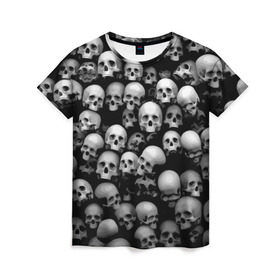 Женская футболка 3D с принтом Черепа в Кировске, 100% полиэфир ( синтетическое хлопкоподобное полотно) | прямой крой, круглый вырез горловины, длина до линии бедер | background | black | death | skeletons | skull | скелеты | фон | черепа | черный