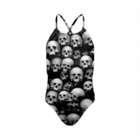 Детский купальник 3D с принтом Черепа в Кировске, Полиэстер 85%, Спандекс 15% | Слитный крой, подклад по переду изделия, узкие бретели | background | black | death | skeletons | skull | скелеты | фон | черепа | черный