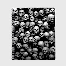 Тетрадь с принтом Черепа в Кировске, 100% бумага | 48 листов, плотность листов — 60 г/м2, плотность картонной обложки — 250 г/м2. Листы скреплены сбоку удобной пружинной спиралью. Уголки страниц и обложки скругленные. Цвет линий — светло-серый
 | background | black | death | skeletons | skull | скелеты | фон | черепа | черный