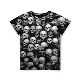 Детская футболка 3D с принтом Черепа в Кировске, 100% гипоаллергенный полиэфир | прямой крой, круглый вырез горловины, длина до линии бедер, чуть спущенное плечо, ткань немного тянется | background | black | death | skeletons | skull | скелеты | фон | черепа | черный