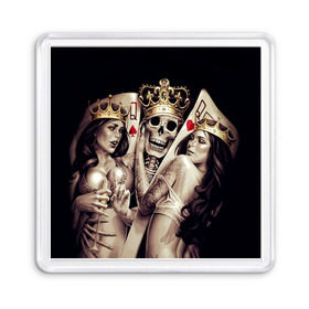 Магнит 55*55 с принтом Скелетоны в Кировске, Пластик | Размер: 65*65 мм; Размер печати: 55*55 мм | background | black | cards | color | crown | death | game | girl | hearts | king | queen | skeleton | skull | spades | tattoo | девушки | игра | карты | королевы | король | короны | масть | пики | скелет | тату | фон | черви 