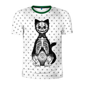 Мужская футболка 3D спортивная с принтом Готический кот в Кировске, 100% полиэстер с улучшенными характеристиками | приталенный силуэт, круглая горловина, широкие плечи, сужается к линии бедра | bone | cat | death | feline | gothic | hipster | kitty | meow | skelet | skull | tatoo | готика | кости | кот | котенок | котик | кошка | мяу | скелет | тату | хипстер | череп