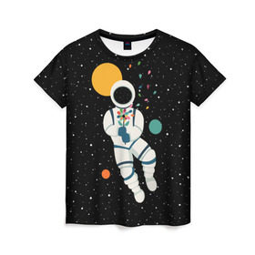 Женская футболка 3D с принтом Космический романтик в Кировске, 100% полиэфир ( синтетическое хлопкоподобное полотно) | прямой крой, круглый вырез горловины, длина до линии бедер | astronaut | cosmonaut | cosmos | galaxy | moon | planet | space | star | астронавт | галактика | звезды | космонавт | космос | луна | планета | скафандр