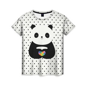 Женская футболка 3D с принтом Любовь панды в Кировске, 100% полиэфир ( синтетическое хлопкоподобное полотно) | прямой крой, круглый вырез горловины, длина до линии бедер | animal | bear | beast | forest | heart | love | nature | panda | животное | зверь | лес | любовь | медведь | панда | природа | сердце | страсть