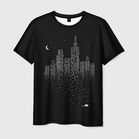 Мужская футболка 3D с принтом Ночной город в Кировске, 100% полиэфир | прямой крой, круглый вырез горловины, длина до линии бедер | city | dark | galaxy | moon | night | planet | space | town | галактика | город | звезды | космос | луна | ночь | свет | столица | тьма