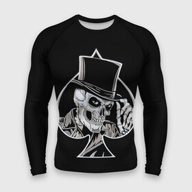 Мужской рашгард 3D с принтом Скелетон в Кировске,  |  | background | black | card | cylinder | death | game | hat | skeleton | skull | spades | suit | игра | карты | масть | пики | скелет | фон | цилиндр | череп | черный | шляпа