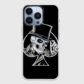 Чехол для iPhone 13 Pro с принтом Скелетон в Кировске,  |  | background | black | card | cylinder | death | game | hat | skeleton | skull | spades | suit | игра | карты | масть | пики | скелет | фон | цилиндр | череп | черный | шляпа