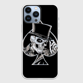Чехол для iPhone 13 Pro Max с принтом Скелетон в Кировске,  |  | Тематика изображения на принте: background | black | card | cylinder | death | game | hat | skeleton | skull | spades | suit | игра | карты | масть | пики | скелет | фон | цилиндр | череп | черный | шляпа