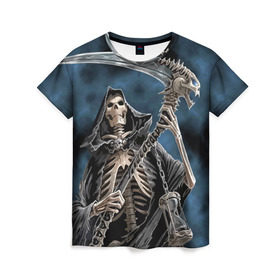 Женская футболка 3D с принтом Скелетон в Кировске, 100% полиэфир ( синтетическое хлопкоподобное полотно) | прямой крой, круглый вырез горловины, длина до линии бедер | death | skeleton | skull | капюшон | коса | скелет | череп