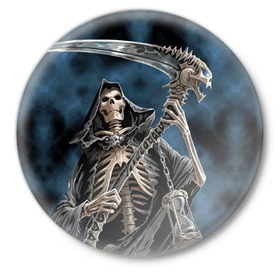 Значок с принтом Скелетон в Кировске,  металл | круглая форма, металлическая застежка в виде булавки | Тематика изображения на принте: death | skeleton | skull | капюшон | коса | скелет | череп