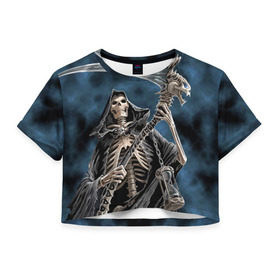 Женская футболка 3D укороченная с принтом Скелетон в Кировске, 100% полиэстер | круглая горловина, длина футболки до линии талии, рукава с отворотами | death | skeleton | skull | капюшон | коса | скелет | череп